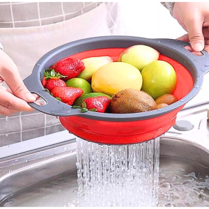 Collapsible Funnel Basket with Handle Portable Kitchen Silicone Round Drain Basket Perfect for Draining Pasta Vegetables & Fruits (NP&P LLYROS)