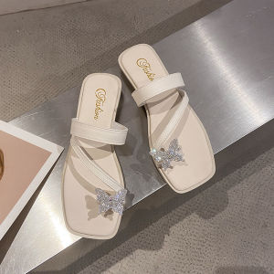 New Fashion Slippers in Summer Womens European and American Square Head Butterfly Slippers Wear Rhinestone Flat Slippers Outside