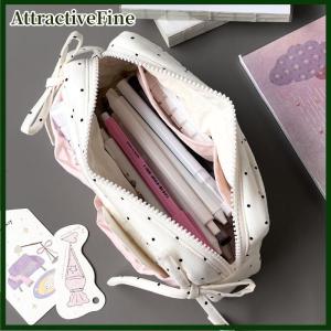 AttractiveFine Cute Polka Dot Bow Pencil Case White With Pink Accessories Large Capacity Zipper Pencil Bag Student Stationery School Supplies
