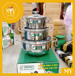 Bộ 3 nồi inox Nắp Kính TITHAFAC cao cấp - Bộ 3 nồi inox size 16cm - 20cm - 24cm -dùng được mọi loại bếp