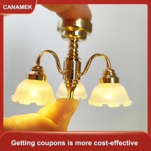 【CANAMEK 】 1:12 Dollhouse Miniature LED Golden Ceiling Lamp Chandelier Home Lighting Model Furniture Decor Toy Doll House Accessories