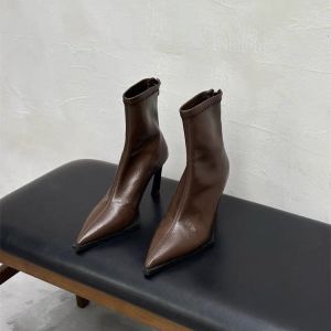 [Free Shipping] Trendy And Versatile Classic Black Slimming Pointed Toe Highly Recommended Stiletto Slim Short Boots Elegant High-Heeled Stretch Boots For Women