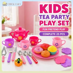 Kids Tea Set Toy Teapot Tea Cups Serving Tray Plastic Role Play Kitchen Playtime Gift