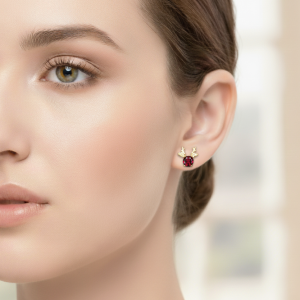 ต่างหูกวางเรนเดียร์พลอยโกเมนจันทบุรี (Garnet) เรือนเงินแท้92.5%ชุบทอง พลอยสีแดงอมน้ำตาล เนื้อใส พลอยแท้บ่อ จันทบุรี