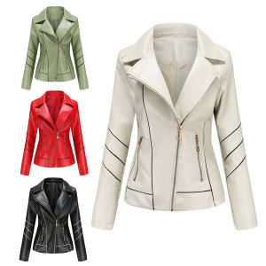 YORCHID Ladies Leather Jacket Coat Zipper Thin Waist Slim-type Spring Autumn Black Beige Grass Green Red Woman Biker Blazers