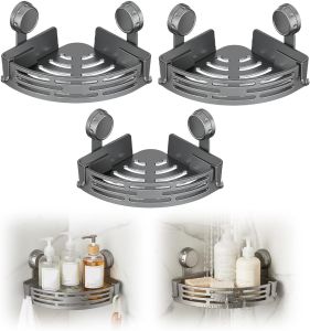 Kruggo Triangle Suction Cup Corner Shelves No Drilling Bathroom Storage Rack 2026 Upgraded Shower Caddy Suction Cup Shower Shelf with Removable Hook No Drilling (Black Double-Layer)