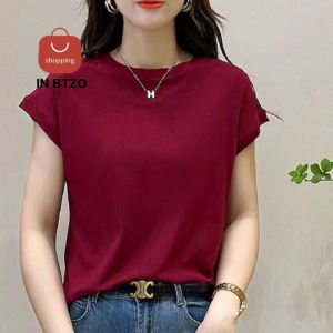 Plain Short-sleeved Knitted Blouses & Shirts for Womens Round Neck T-shirts Summer New Fashion All-match Slim Tops