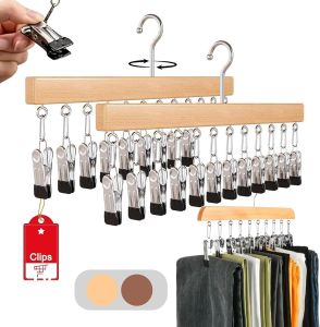 Wooden Hat Hanger Closet Organizer 2026 Upgraded Wooden Rotating Pants Hanger Closet Organizer with 10 Clips - Space Saving Hanging Clothes Legging Wardrobe Organizer (Natural 1PC)