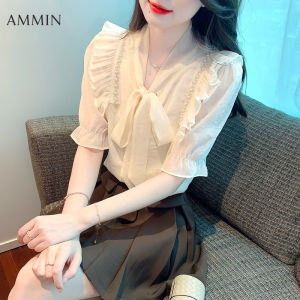Ammin phiên bản Hàn Quốc của áo voan mùa hè Xếp Nếp đính cườm ngắn cho Nữ tay mới khí chất người nổi tiếng nơ bướm tay Áo bong bóng Áo Voan