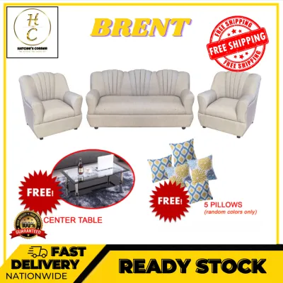 BRENT 3 1 1 NORDIC SOFA WITH CENTER TABLE AND 5 PCS PILLOWS FOR SMALL LIVING ROOM- HATCHIES CORNER