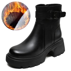 IELGY Thick-soled Womens New Fashion Round Toe Chelsea Boots British Style Belt Buckle Real Soft Leather Motorcycle Boots