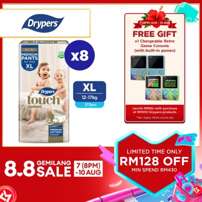 Drypers Touch Pants Baby Pants Diapers M44/ L38/ XL34/ XXL30 (8 Packs) - Super Soft & 12hr Dryness