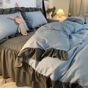 Korean Style ins Four-Piece Set Ruffled Quilt Cover Washed Cotton Bed Sheet Bed Skirt Girl Dormitory Quilt Cover Bed Three-Piece Set LZD