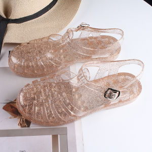 Free Shipping Summer New WomenS Slip-On Anti-Slip Crystal Shoes With Transparent Hollow Design Soft Plastic Jelly Flat Roman Sandals