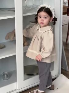 Childrens Autumn Outfit Korean Style Kids Clothing Baby Clothes Autumn Outfit Girls Lace Doll Shirt and Lace Casual Pants Set