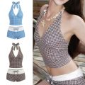 MAOMEI Cổ chữ V Bộ bikini hai mảnh Áo dây cổ halter Y2k Áo tắm kẻ sọc Ngọt ngào Dáng ôm Quần áo đi biển Phụ nữ. 