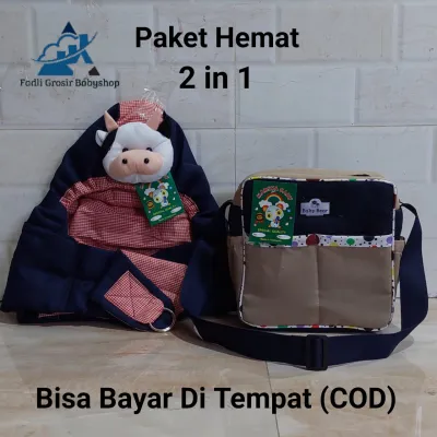 Paket Hemat (2 in 1) Tas Bayi Polka Dan Gendongan Bayi Samping Topi Kerut Boneka Sapi Terbaru
