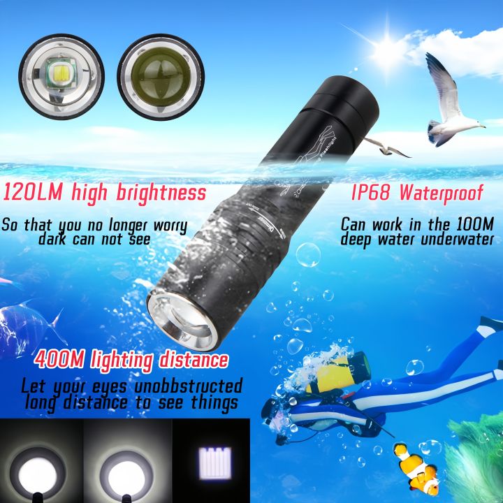 Rotary zoom diving LED flashlight lighting charging T6 underwater light