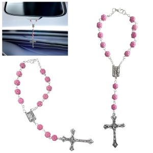 Car Rearview Mirror Rosary Pendant Pink Alloy Cross Hanging Ornament Religious Charm Gift Auto Interior Accessories for Women Men