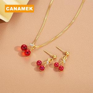 【CANAMEK】 Red Cherry Pendant Necklace Stud Earrings Set Womens Fashion Fruit Necklace Earrings Jewery Set For Party Wedding Girls Gifts