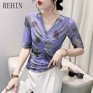 REHIN Summer new fashion purple printed V-neck pleated mesh rhinestone short-sleeved T-shirt with floral top for women