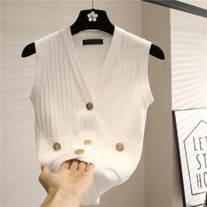 Original BALMAINˉPARIS High quality knitted vest cardigan for women Solid V-neck sleeveless top ladies Breathable ice silk vest