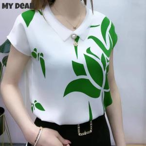 Chiffon Shirt for Women Korean Doll Collar Blouse Print Short-sleeved Shirt