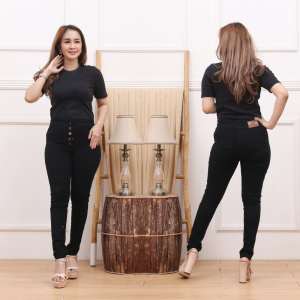 Jumbo Highwaist Kancing 5 Jeans Wanita Soft Jeans Premium Big Size 27-38