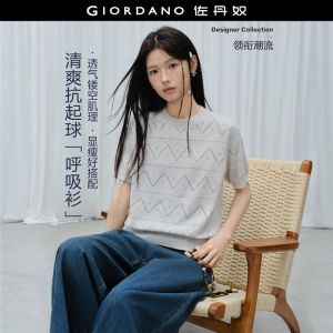 GIORDANO Women Sweaters Openwork Knit Knitwear Crewneck Short Sleeve Fashionable Casual Breathable Sweaters 18356809