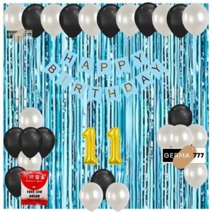 Set Pesta Dekorasi Balon Putih Ulang Tahun Anak Banner Happy Birthday Biru Tirai Foil Dekor Ultah