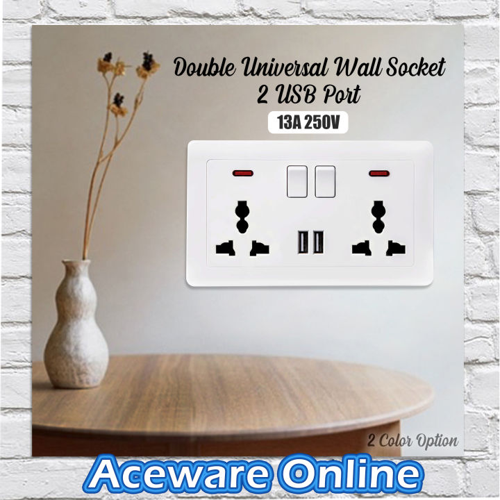 2 Gang Universal Double Wall Socket Switch 13A Dual USB Port AC / DC ...