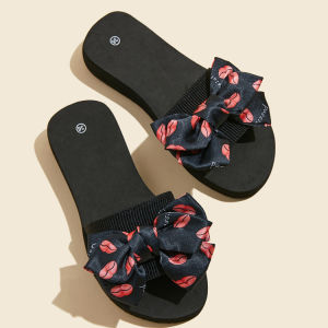 Free Shipping 3Cm Large-Size WomenS High-Heeled Slippers New Summer Style Outdoor Lipstick-Printed Slippers Slip-On Wedge Heels