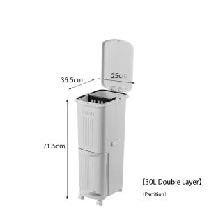 JustLiving 45/36/30L Large Capacity Garbage Household Kitchen With Lid 3 Layers Dry And Wet Separation Garbage Sorting Trash Can Movable with Universal Wheel Home Living Cleaning Equipment