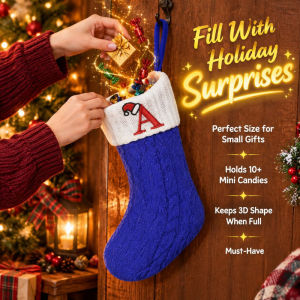 Christmas Blue Candy Socks Knitted Christmas Stocking Alphabet Design Thick Hanging Sock for Christmas Tree Decoration Xmas Gift and Holiday Party