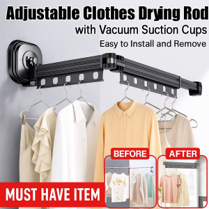 【Ready To Use】Suction Cup Wall Mount Folding Clothes Drying Rack Saving Clothes Hanger No Drilling Invisible Hanging Rod