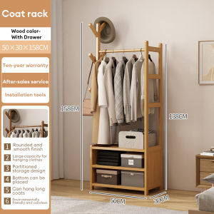 Bamboo Wardrobe Cabinet with Drawer With Storage Cabinet Floor Standing Bedroom Coat Rack Room Hanging Clothes Rack