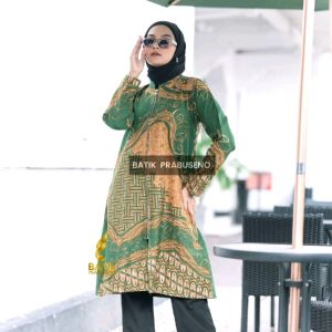 Batik Prabuseno Atasan Baju Wanita Lengan Panjang Tunik Modern Premium Motif Soneta Hijau Pakaian Kerja Kantor Jumbo Bahan Katun Printing Lapis Trikot Adem Halus Nyaman OOTD Hijabers Bisa COD
