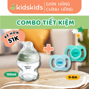 COMBO Bình sữa thủy tinh ty siêu mềm tự nhiên Tommee Tippee Closer to Nature 150ml & Ty ngậm silicon siêu nhẹ cho bé Tommee Tippee Ultra Light 0-6 tháng (vỉ đôi) - Xanh dương/Trắng