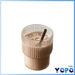 YoPo 300ml Glass Coffee Cup Tea Milk Yogurt Mug Creative Transparent Straight Vertical PatternDrinkware