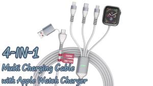 Multi Charging Cable for Watch - 100W 10ft 4-in-1 Fast Charger with Lightning USB C Micro USB & Watch Charger for iWatch iPhone Pro - White