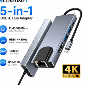 5-in-1 Type-C Multiport Hub Adapter with 4K HDMI 100M LAN RJ45 USB 3.0 for Laptop & MacBook