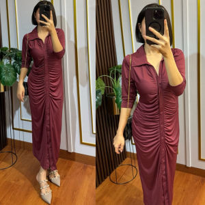 DRESS V NECK TANGAN PANJANG WANITA KANCING HIDUP KERUT DEPAN HIJAB CASUAL PREMIUM TERBARU 2026