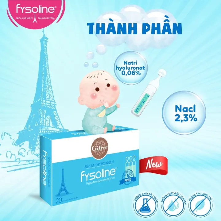 Nước muối ưu trương Fysoline Màu Xanh - chuyên hỗ trợ giảm nghẹt mũi cho bé - Hàng Pháp