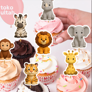 Topper Kue Mainan Animal / Hewan Karet 3D Beserta Pohon untuk Dekorasi Cake Ulang Tahun Singa Jerapah Gajah Monyet