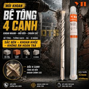 Mũi khoan bê tông 4 cạnh chuôi SDS 12mmx160mm YTL – Hợp kim siêu cứng chuyên khoan tường gạch đá xi măng