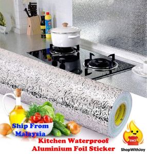 【ShopWithJoy】Waterproof Aluminum Foil Wallpaper Kitchen Sticker Dapur Kalis Air Dinding Home DIY Alas Cabinet Stickers