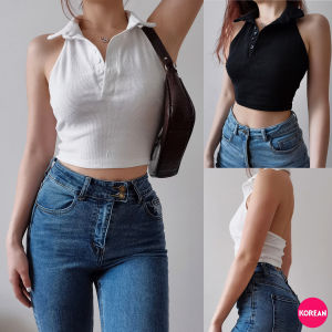 🎀Korean Fashion🎀เสื้อครอปคอปกแขนกุด เปิดหลัง 2 สี