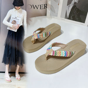 [Free Shipping] Ins faux espadrille travel wedge thick-soled womens sandals Korean fashion outdoor flip-flops flat beach sandals