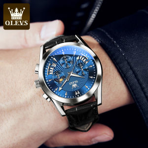 OLEVS Fashion Watch for Men Original Branded Waterproof Leather Quartz Multifunction Date Moon Phase Luminous Chronograph