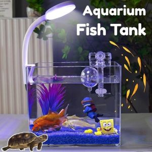 Aquarium Fish Tank High Transparency Landscape Tank With Led Clamp Light Mini Turtle Tank Home Decor